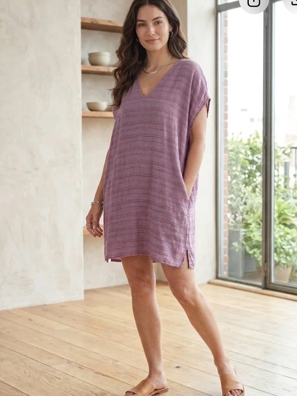 Eileen Fisher Purple Striped Loose Fit Tunic Boho Organic Linen Dress Size L/XL